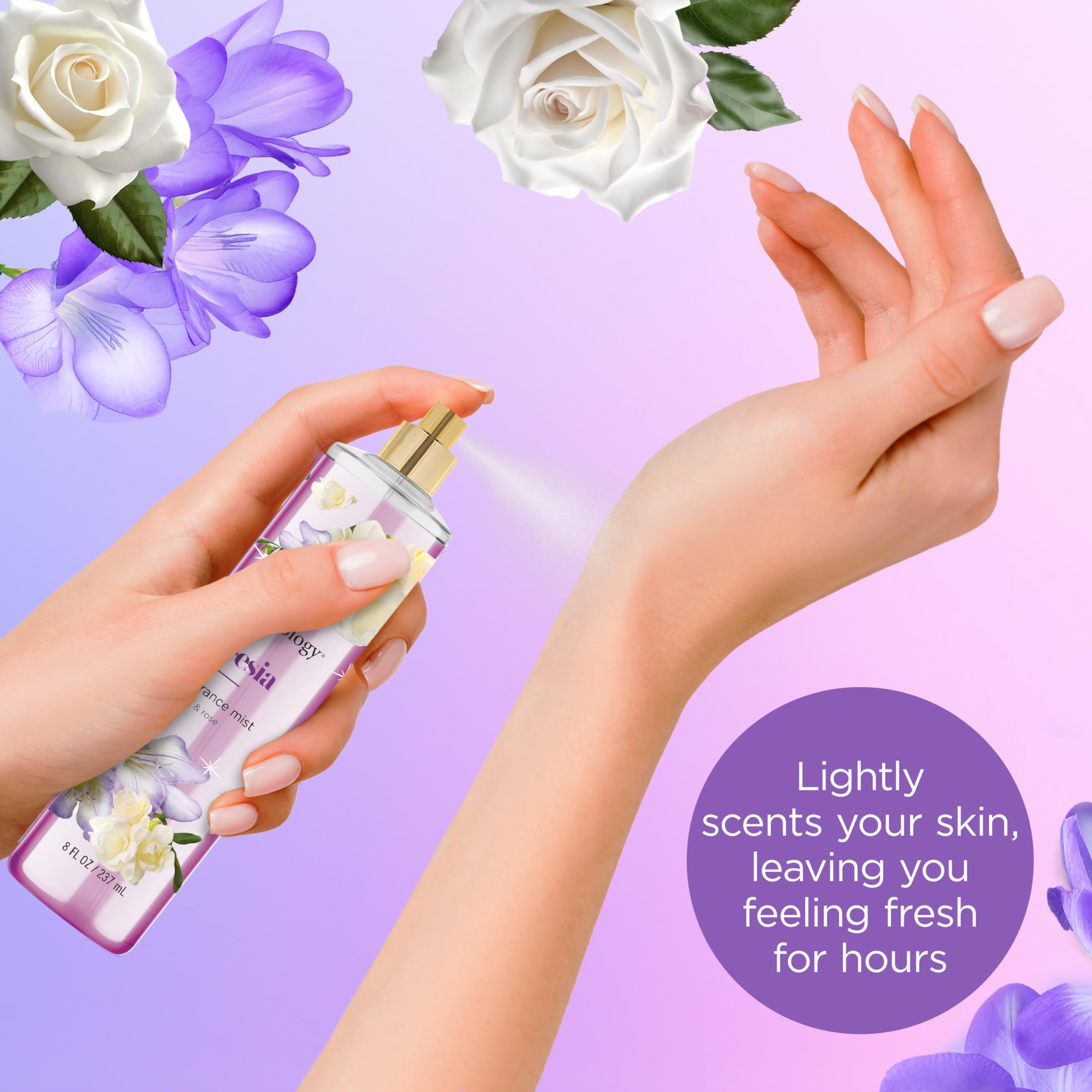 Close-up of Freesia notes and soft rose in Bodycology Fragrance Mist for a wearable scent.