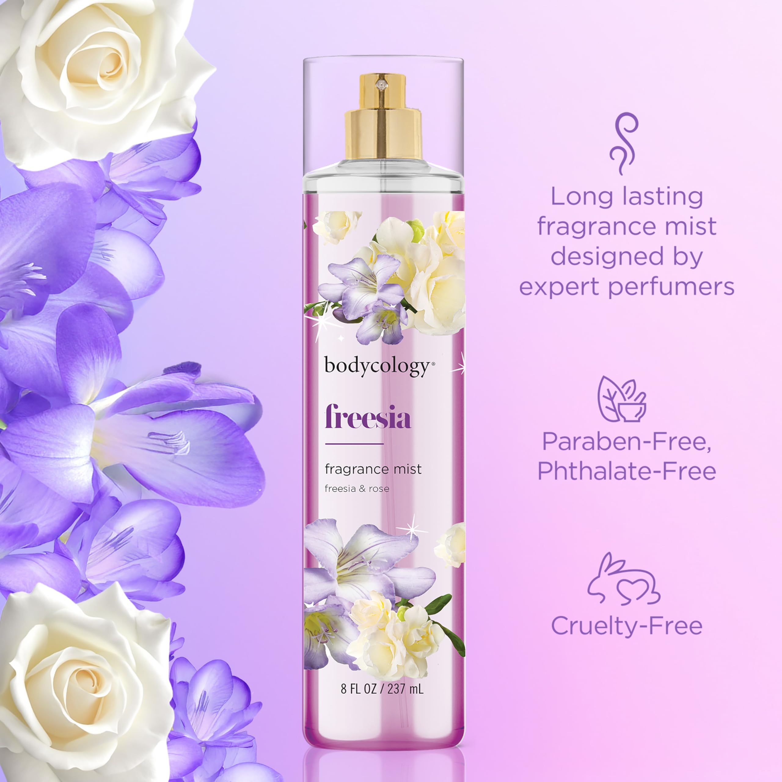 Bodycology Freesia Fragrance Mist applied to skin for a subtle, long-lasting scent.