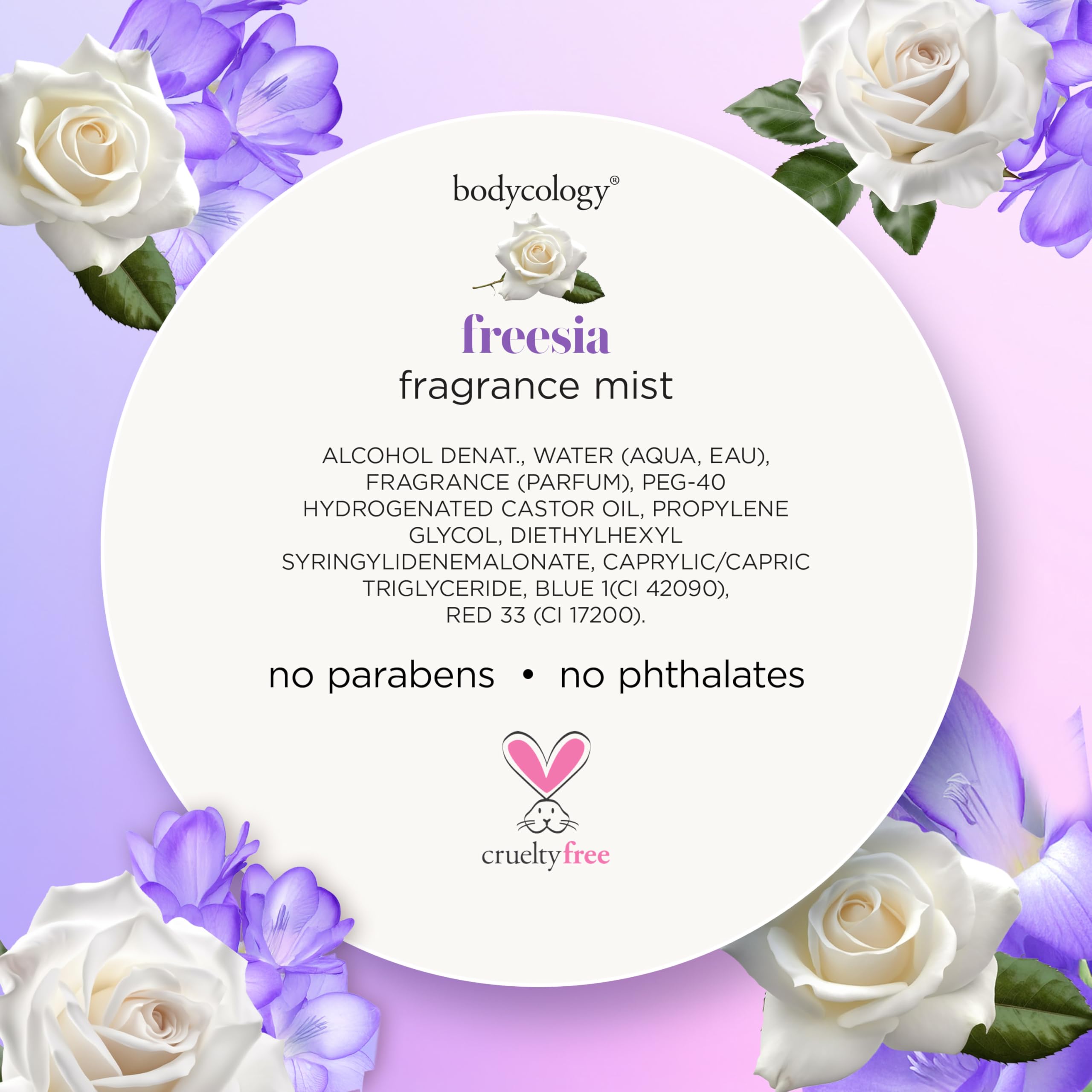 Notes of freesia, rose, and sandalwood form a versatile floral base in Bodycology mist.