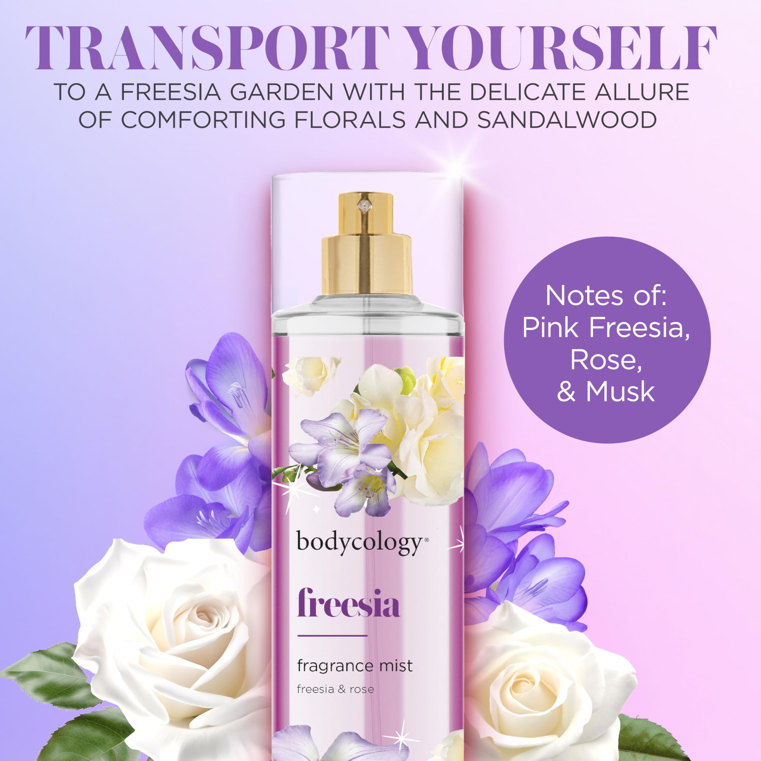 Bodycology Freesia Fragrance Mist spray in action delivering a light, refreshing fragrance.