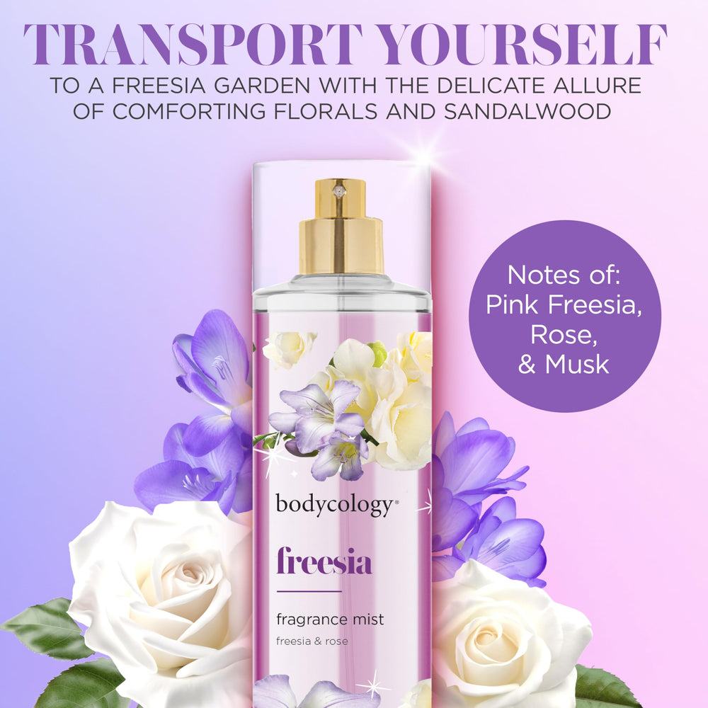 Bodycology Freesia Fragrance Mist spray in action delivering a light, refreshing fragrance.