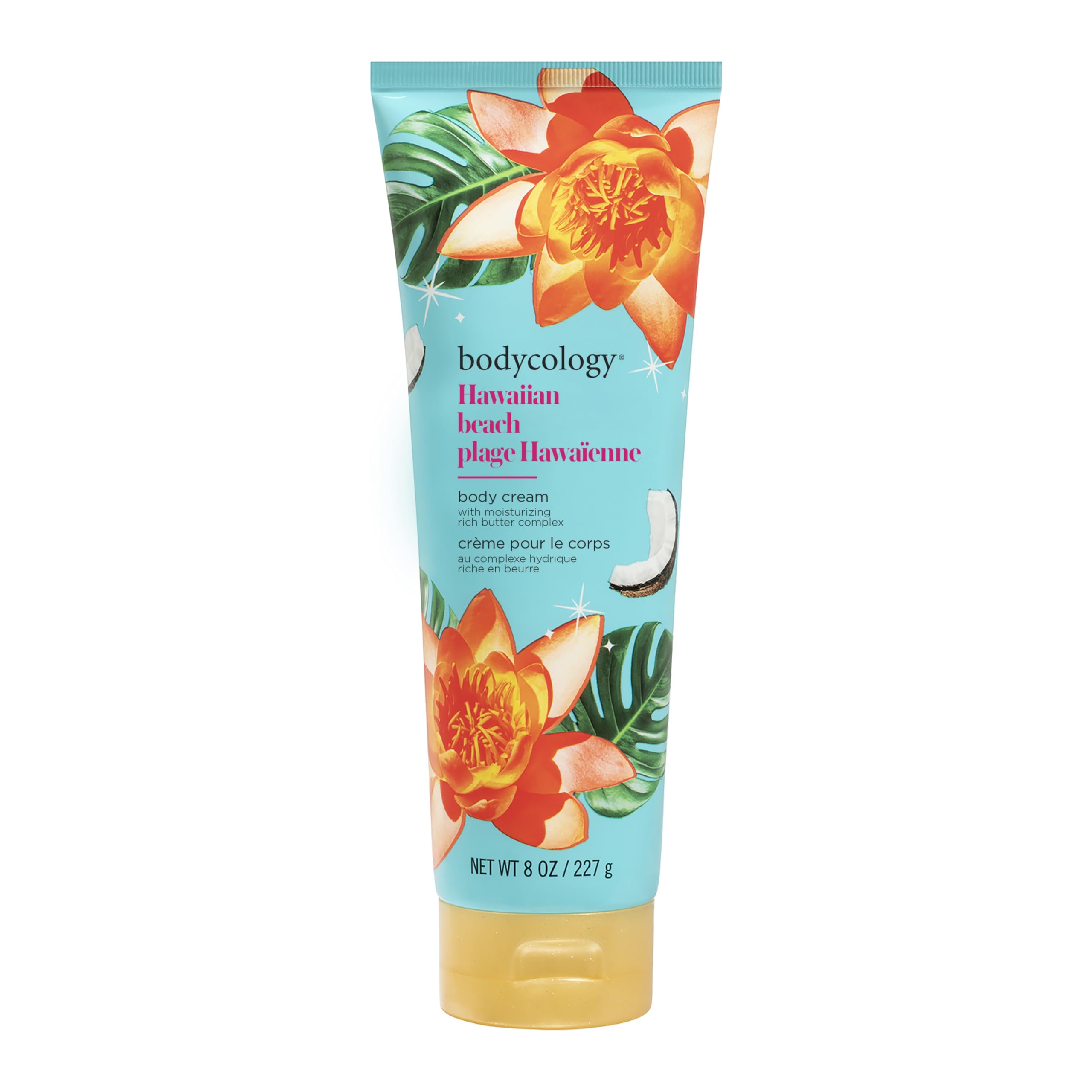 Bodycology Hawaiian Beach Body Cream bottle delivering daily, non-greasy hydration.