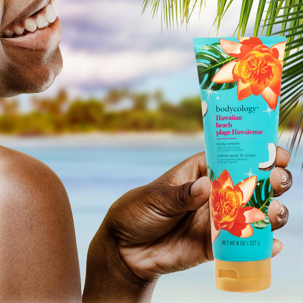 Applying Bodycology Hawaiian Beach Cream shows smooth, non-greasy absorption.