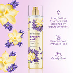 Close-up of Bodycology Lavender Vanilla bottle label highlighting calming notes