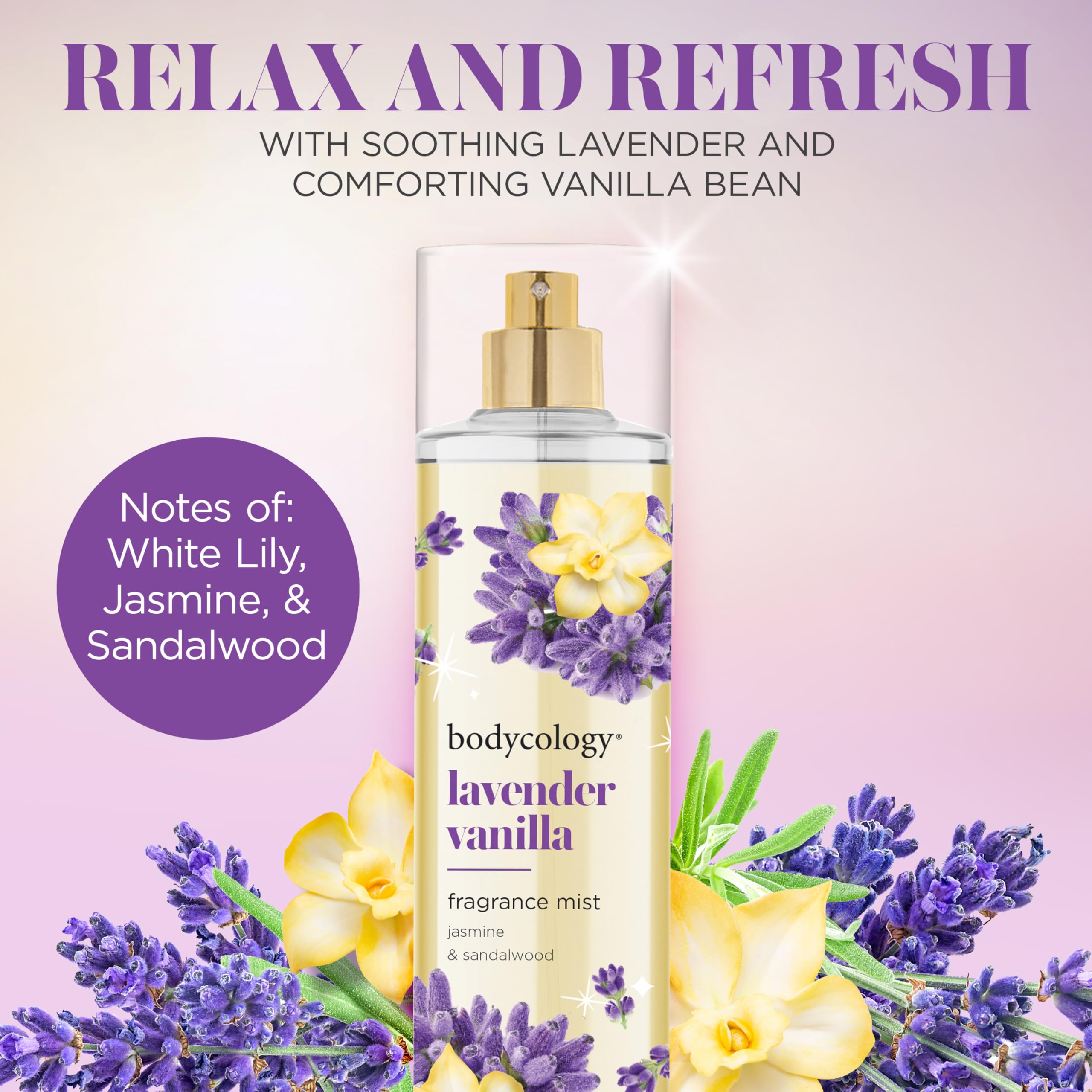 Bodycology Lavender Vanilla mist being spritzed for a light aroma