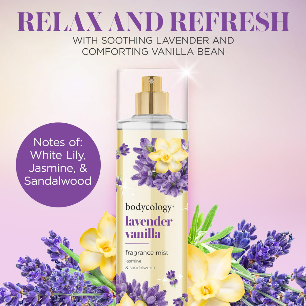 Bodycology Lavender Vanilla mist being spritzed for a light aroma