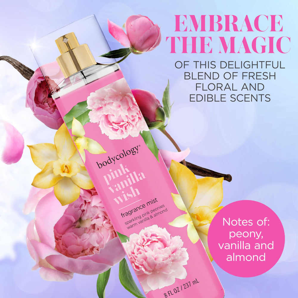 Bodycology Pink Vanilla Wish bottle side view, compact for on-the-go scent.