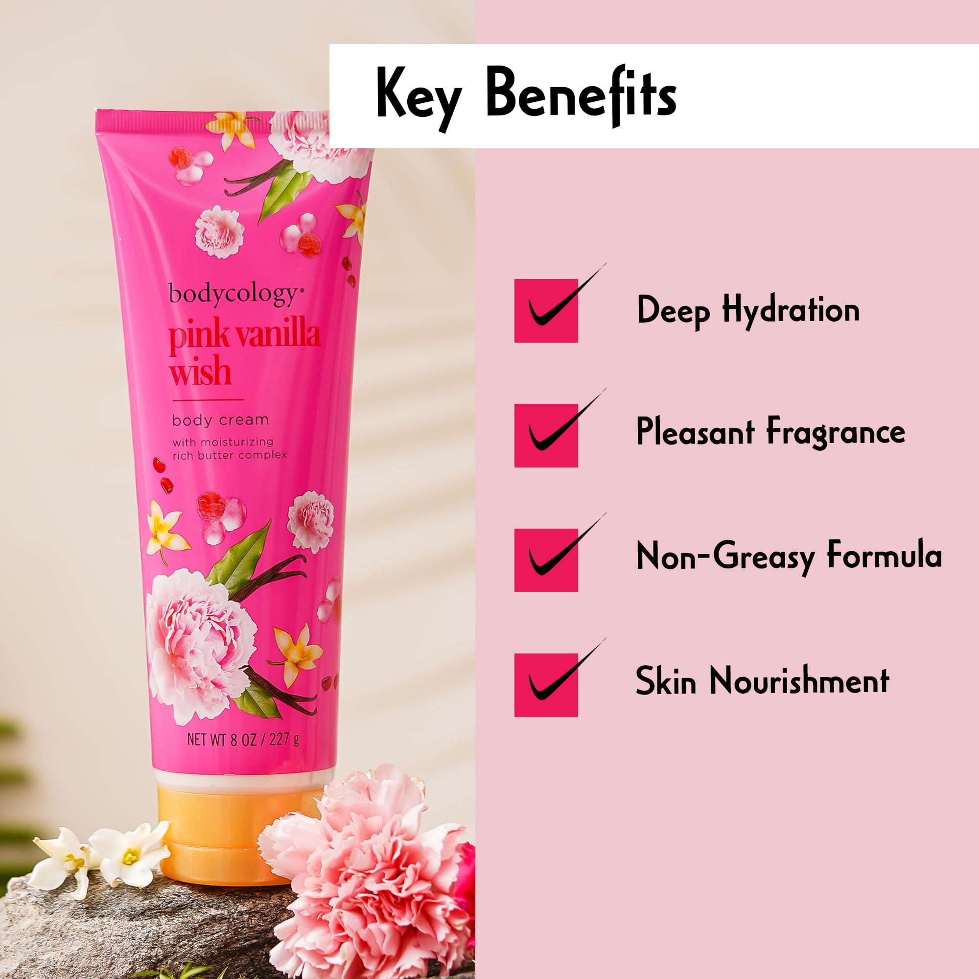 Bodycology Pink Vanilla Wish applied to damp skin after shower.