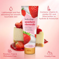 Bodycology Strawberry Cheesecake Cream bottle top view with packaging.