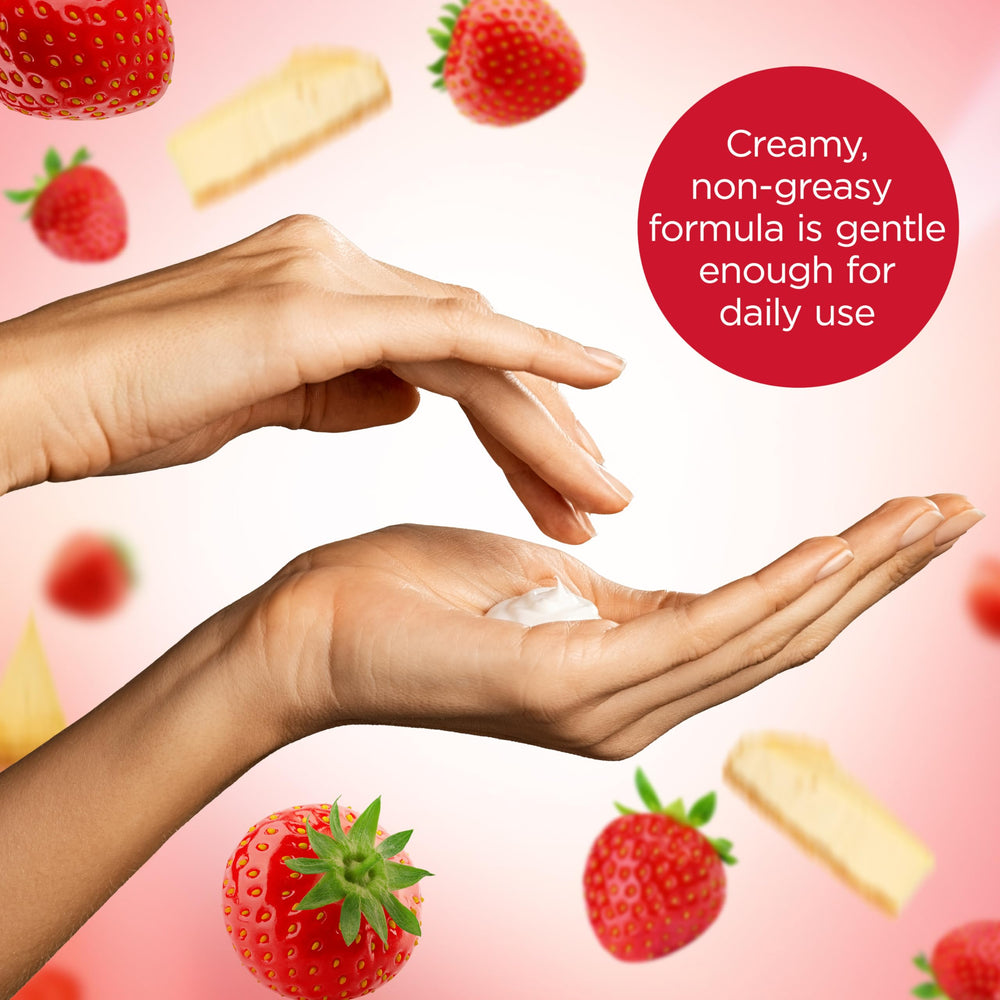 Bodycology Strawberry Cheesecake Cream with visible strawberry notes and vanilla base.