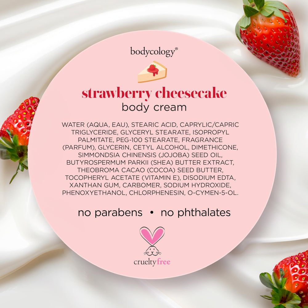 Bodycology Strawberry Cheesecake Cream packaging highlighting cruelty-free badge.