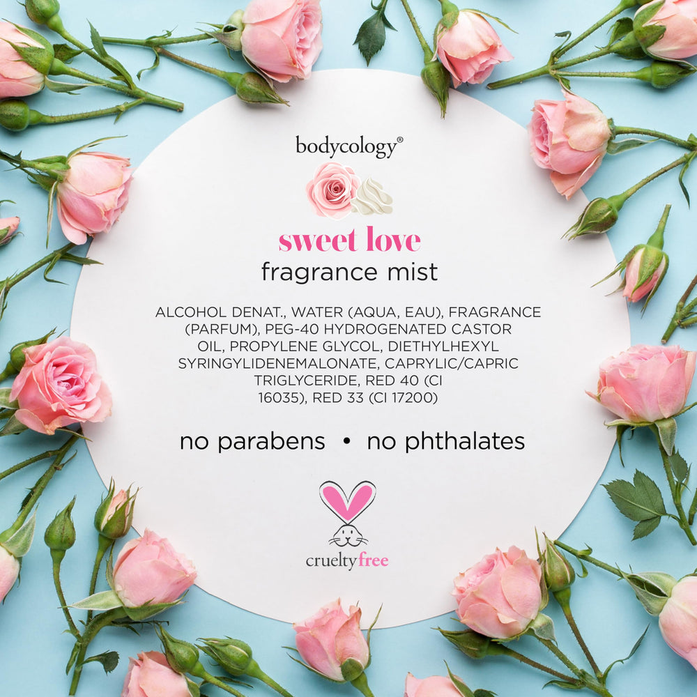 Bodycology Sweet Love bottle with elegant label invites quick spritzes.