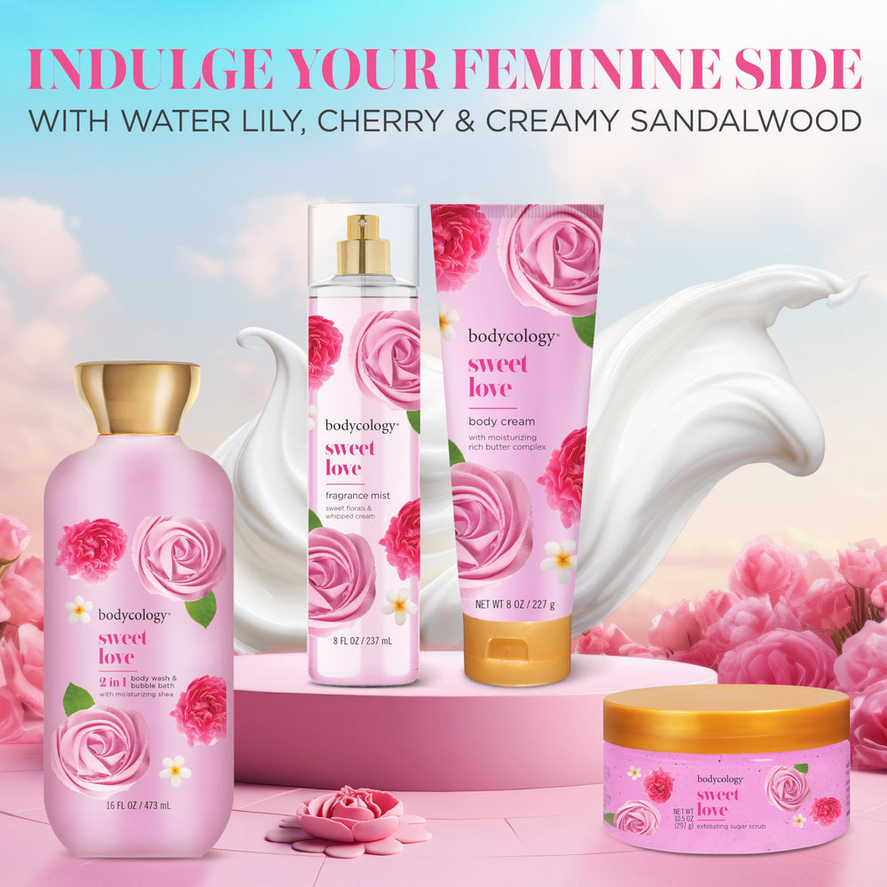 Bodycology Sweet Love mist applied on neck and shoulders for a light, airy veil