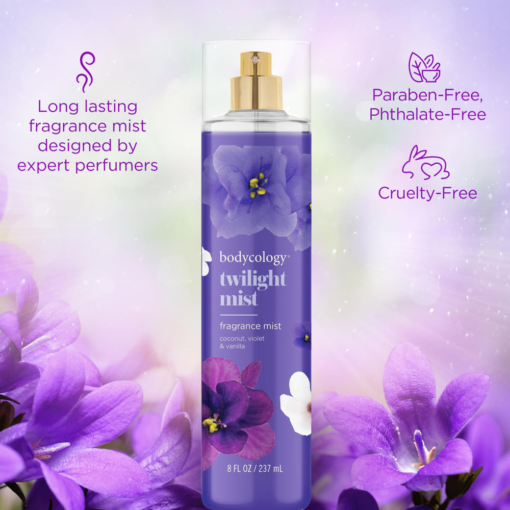 Bodycology Twilight Mist bottle pour shows gentle diffusion when misted into the air