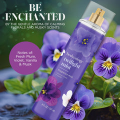 Bodycology Twilight Mist label close-up reveals plum and coconut scent profile for everyday sophistication