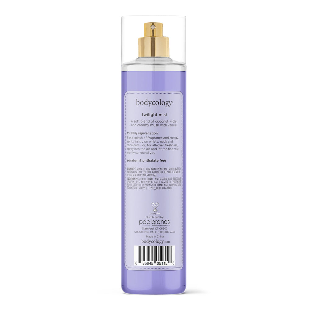 Bodycology Twilight Mist packaging highlights cruelty-free, paraben-free formula