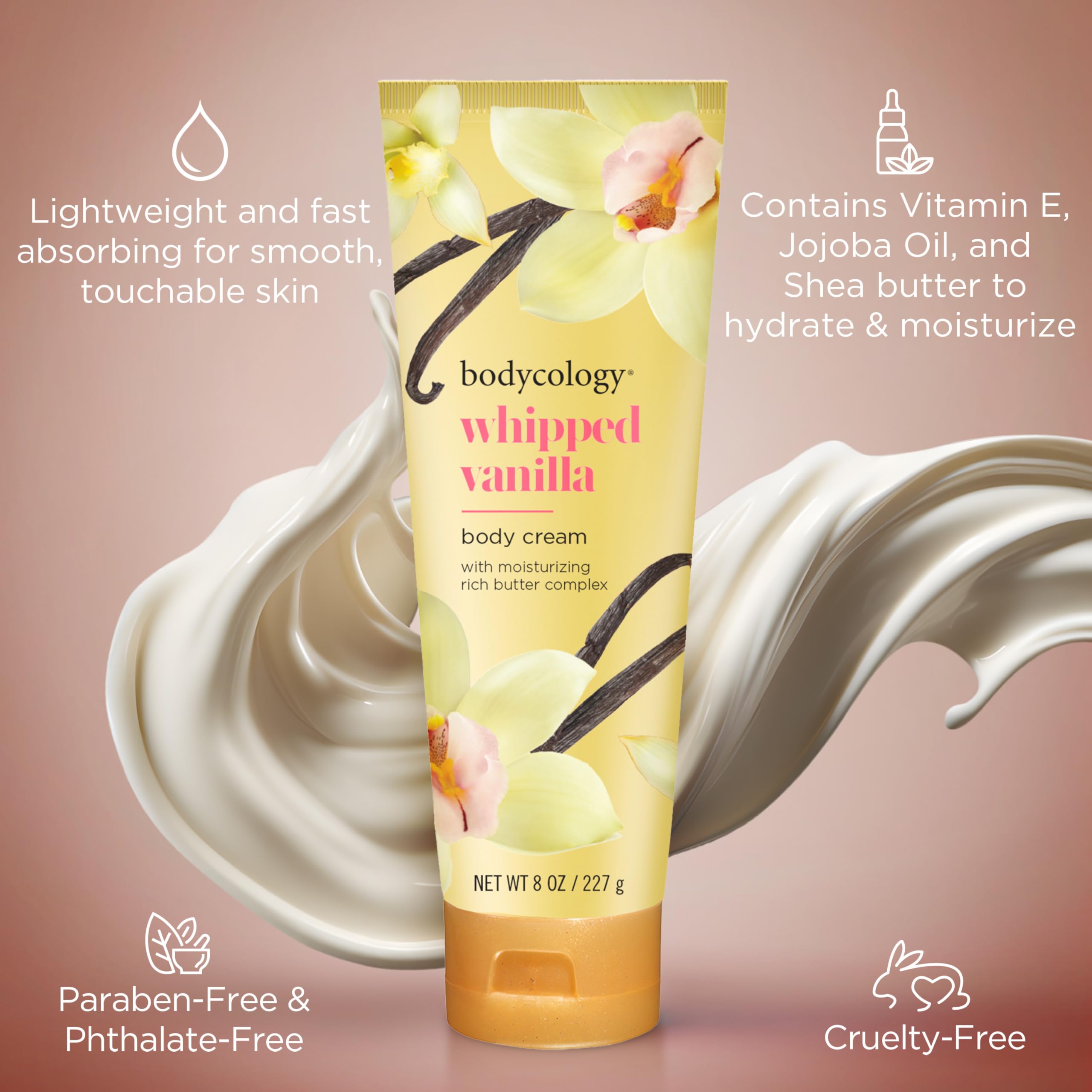 Bodycology Whipped Vanilla fragrance note visuals featuring gardenia and vanilla.