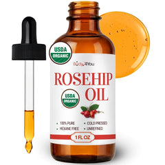 BodyJ4You rosehip oil bottle close-up, premium cold-pressed formula for radiant skin.