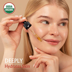 BodyJ4You rosehip oil applied to face, promoting hydration and even skin tone.