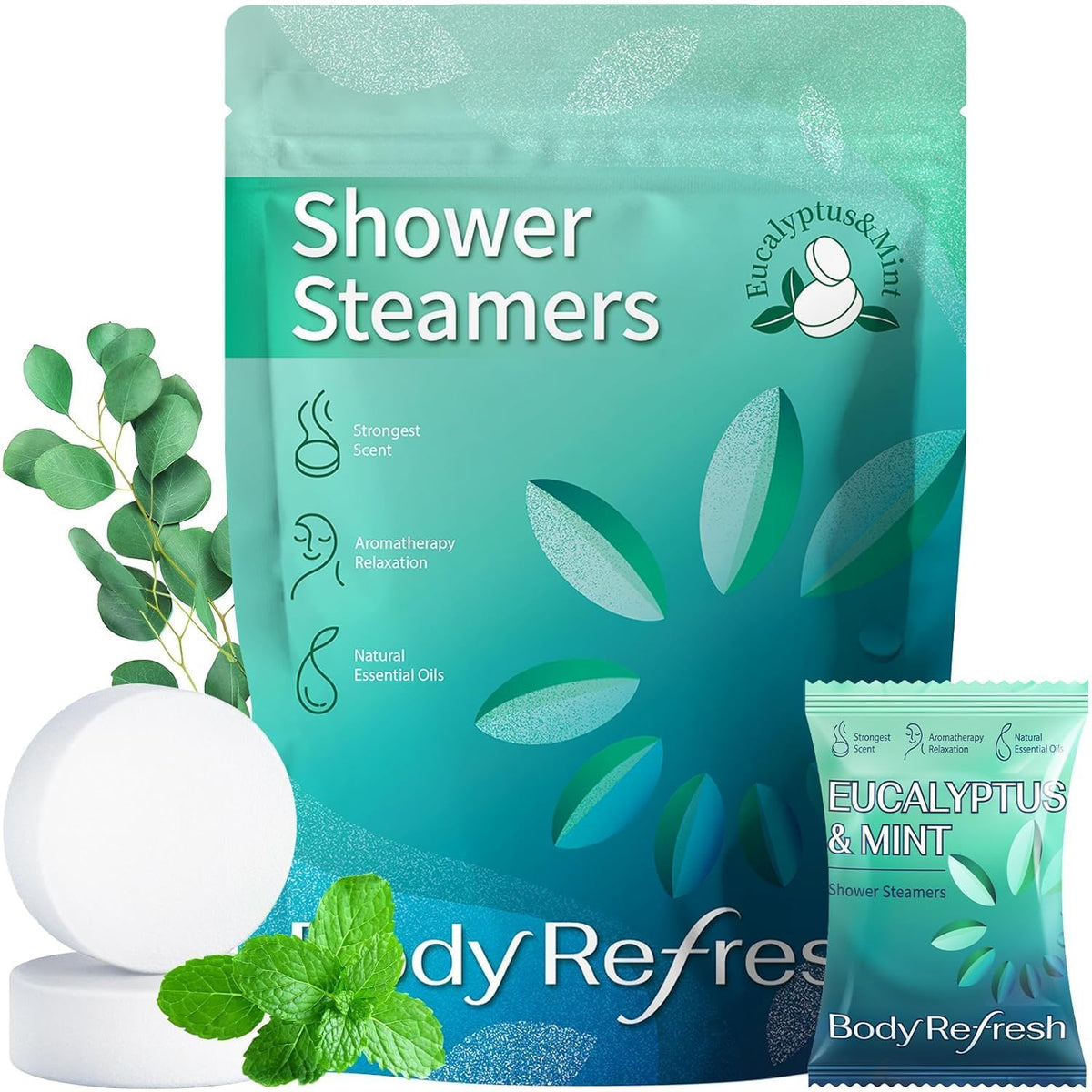 BodyRefresh bombas ducha eucalipto menta en empaque elegante, ideal regalo de autocuidado.
