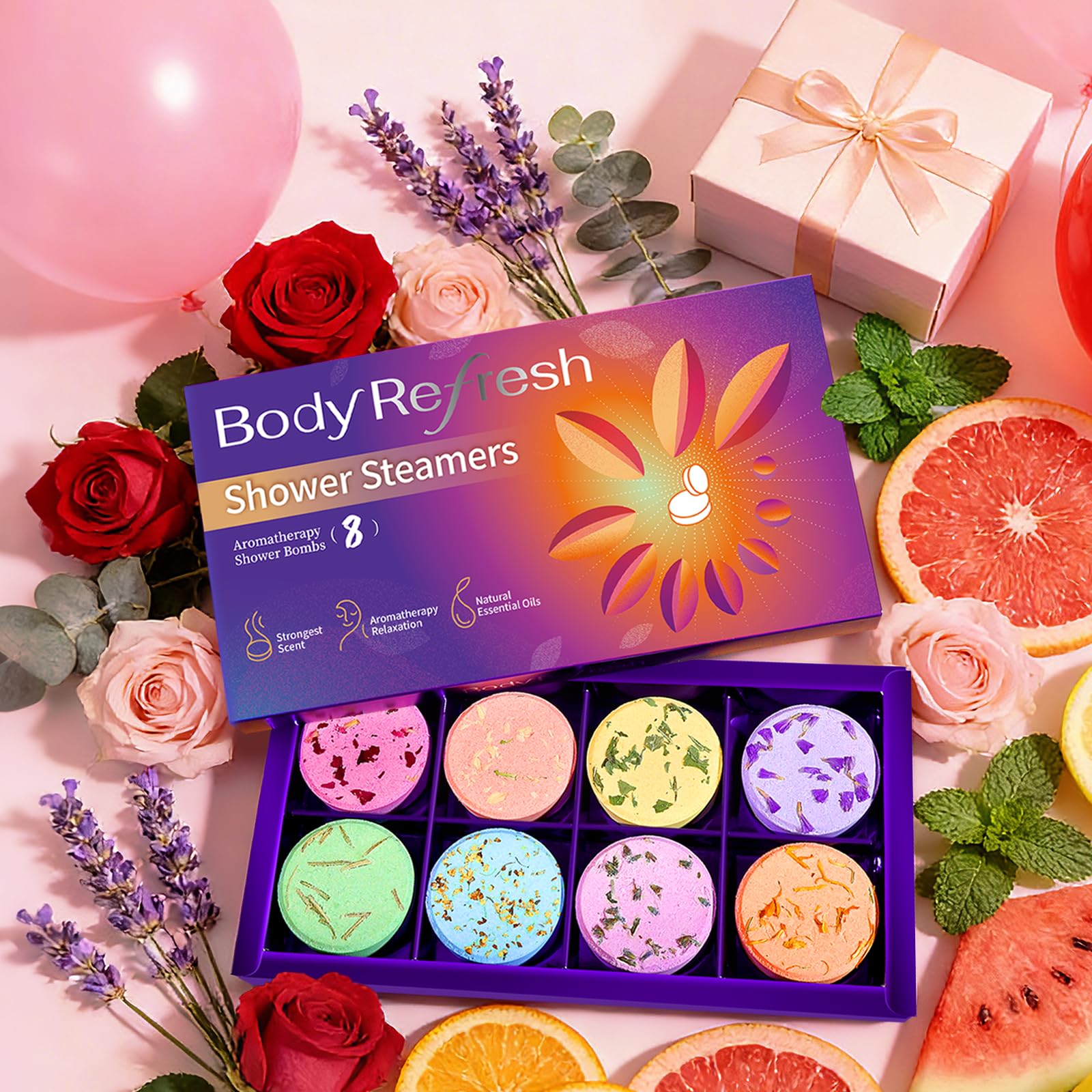 BodyRefresh watermelon-steamer with petals for a playful, refreshing scent.