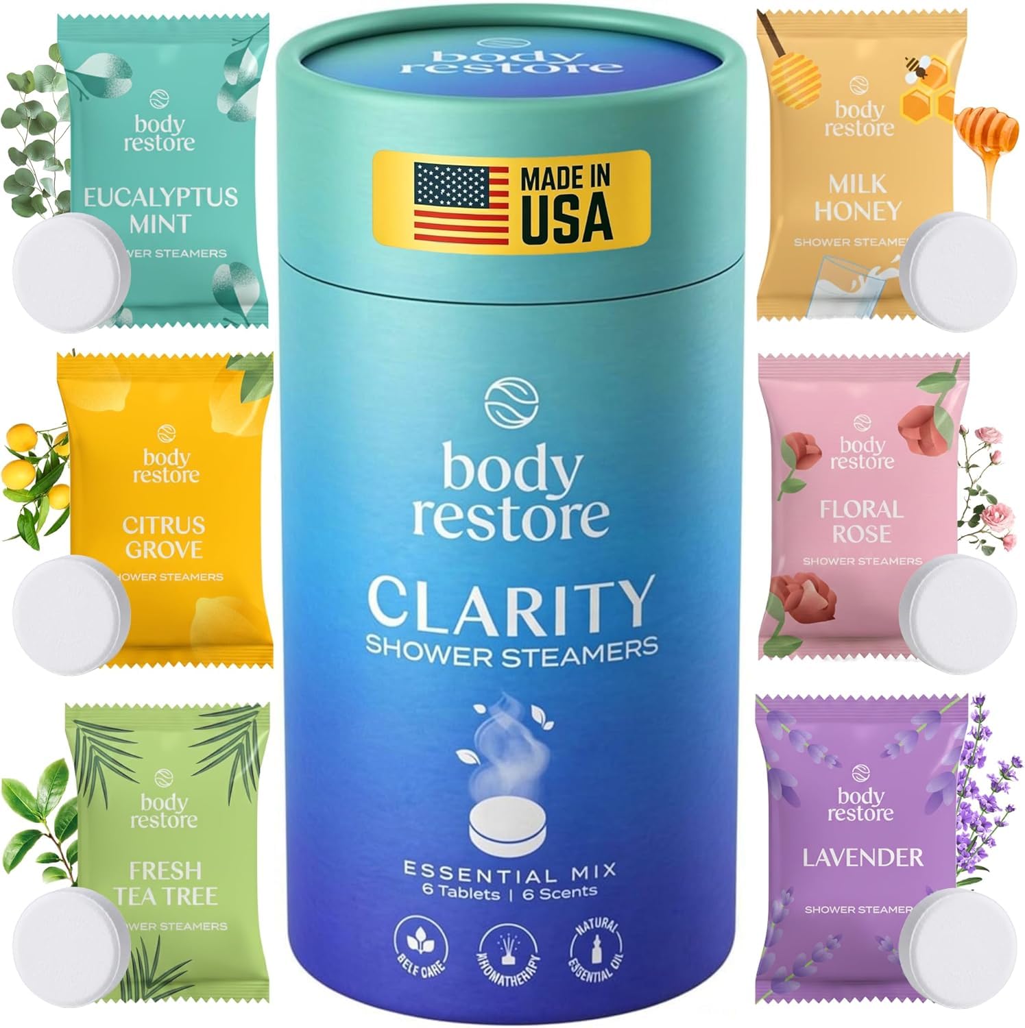 Body Restore Claridad Bosque: empaque del pack de 6 duchas para aromaterapia.