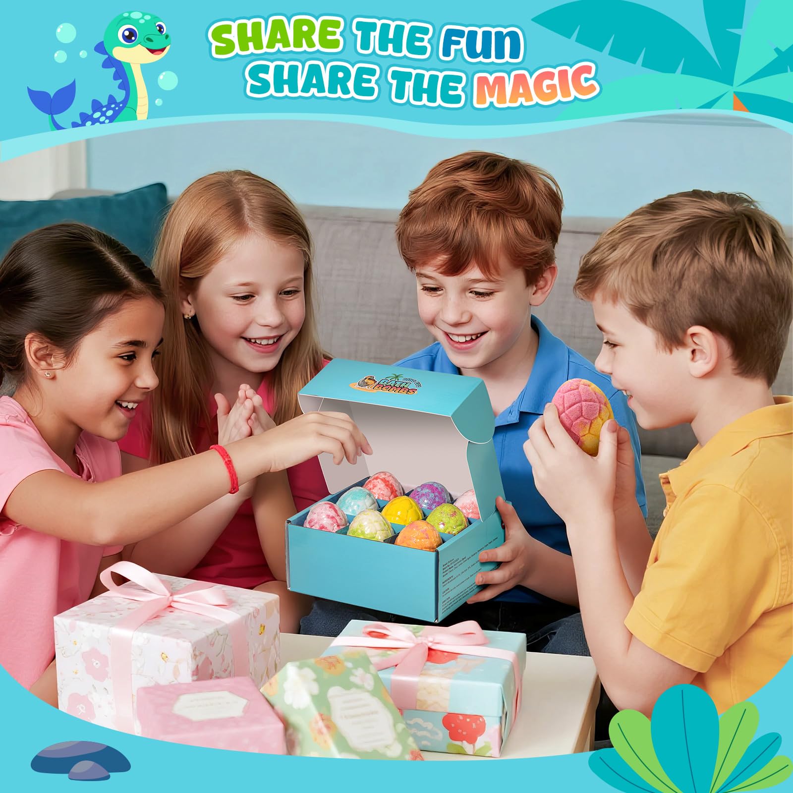 Bofuoos dinosaur bath bombs showing the surprise toy inside