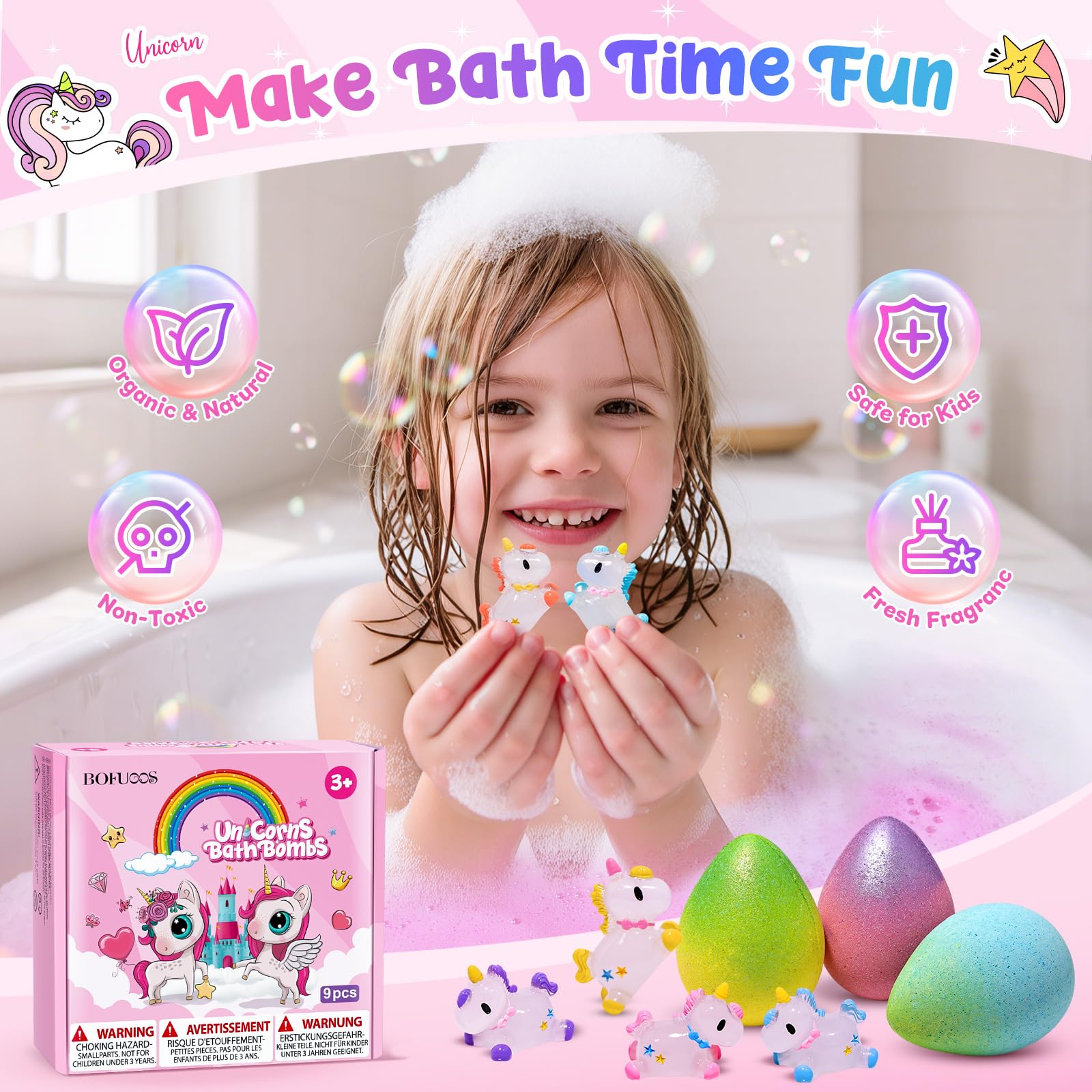 Bofuoos unicorn bath bomb packaging in bright colors for kids.