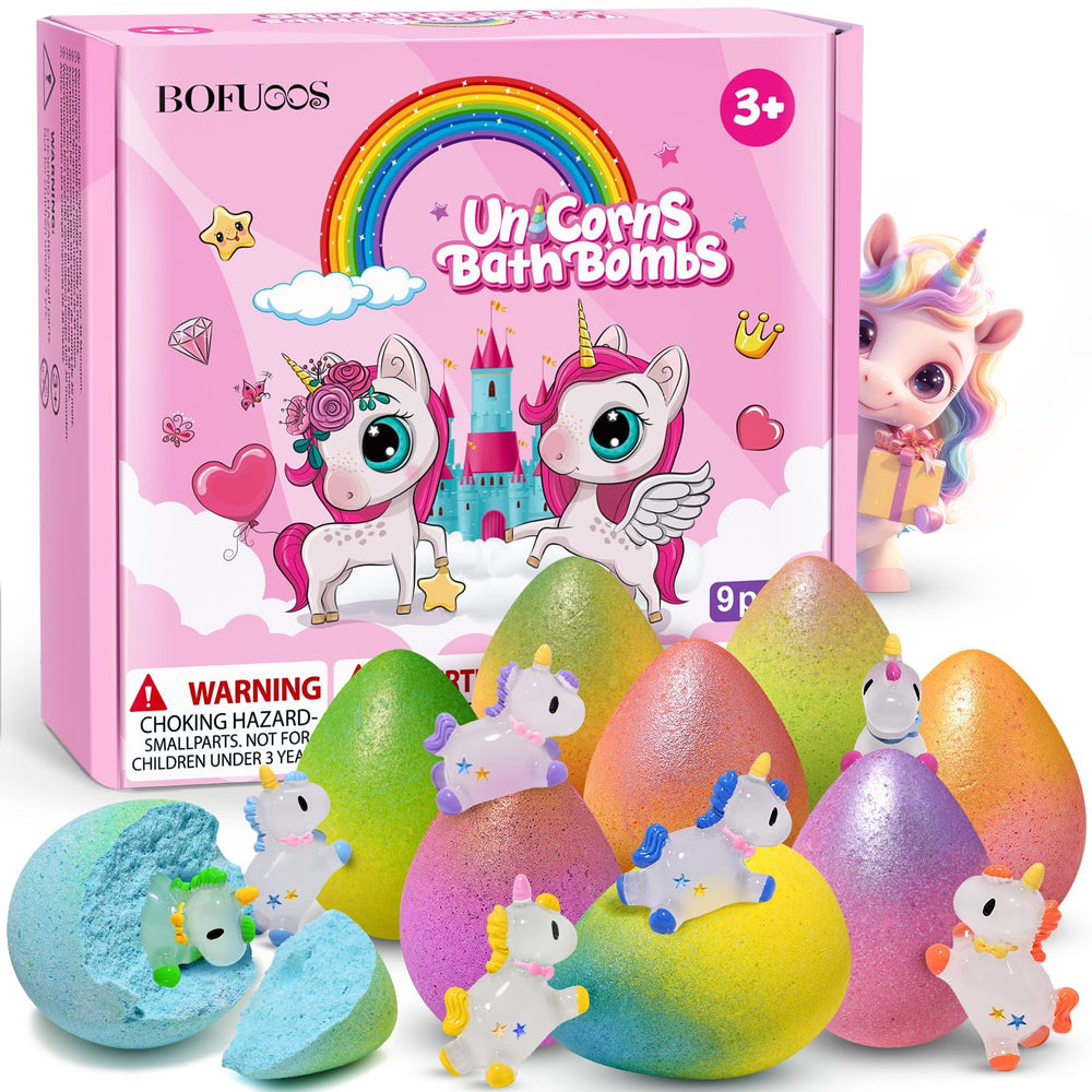 Bofuoos unicorn bath bomb with surprise toy inside for magical bath time.