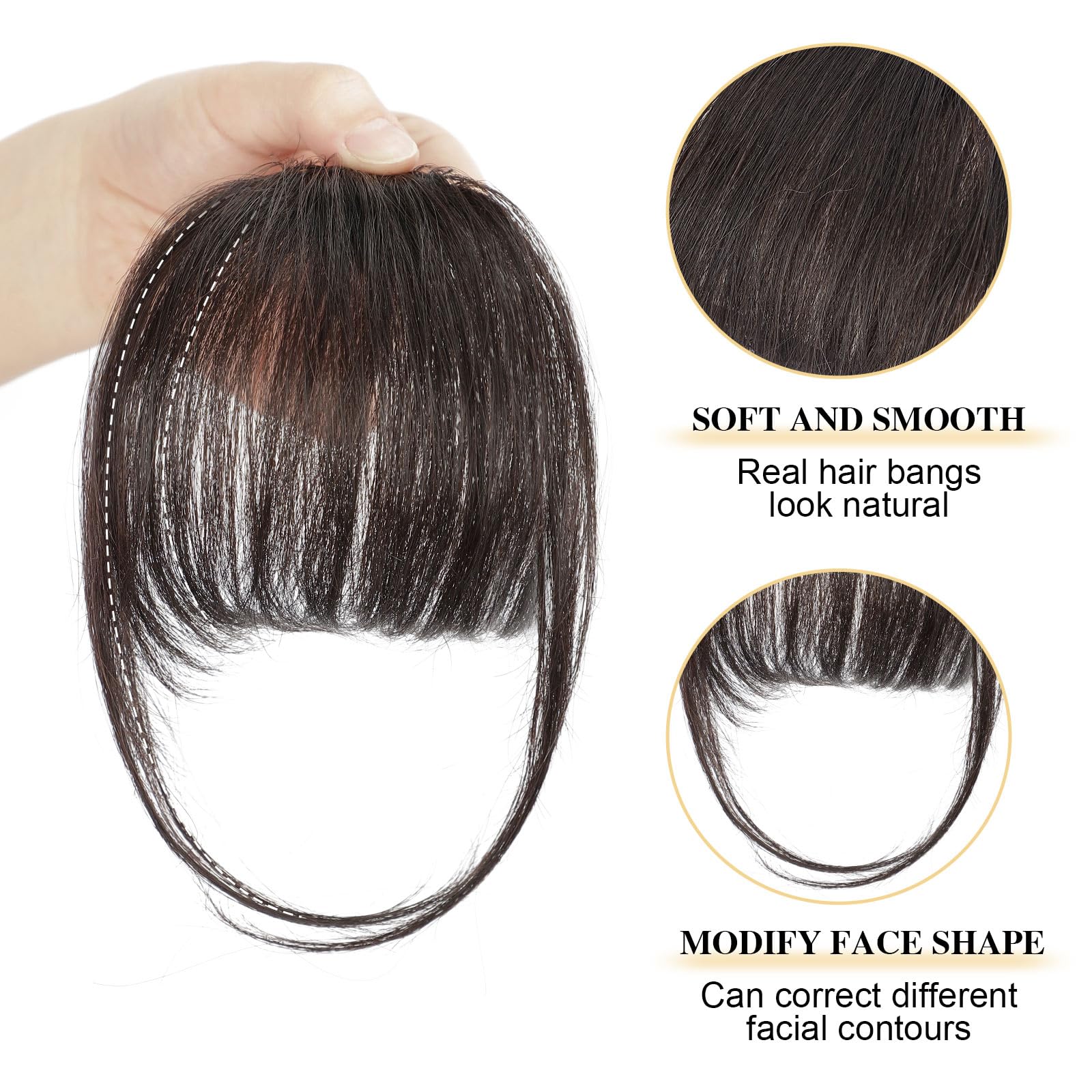 BOGSEA human hair bangs can be dyed or heat styled for customization.