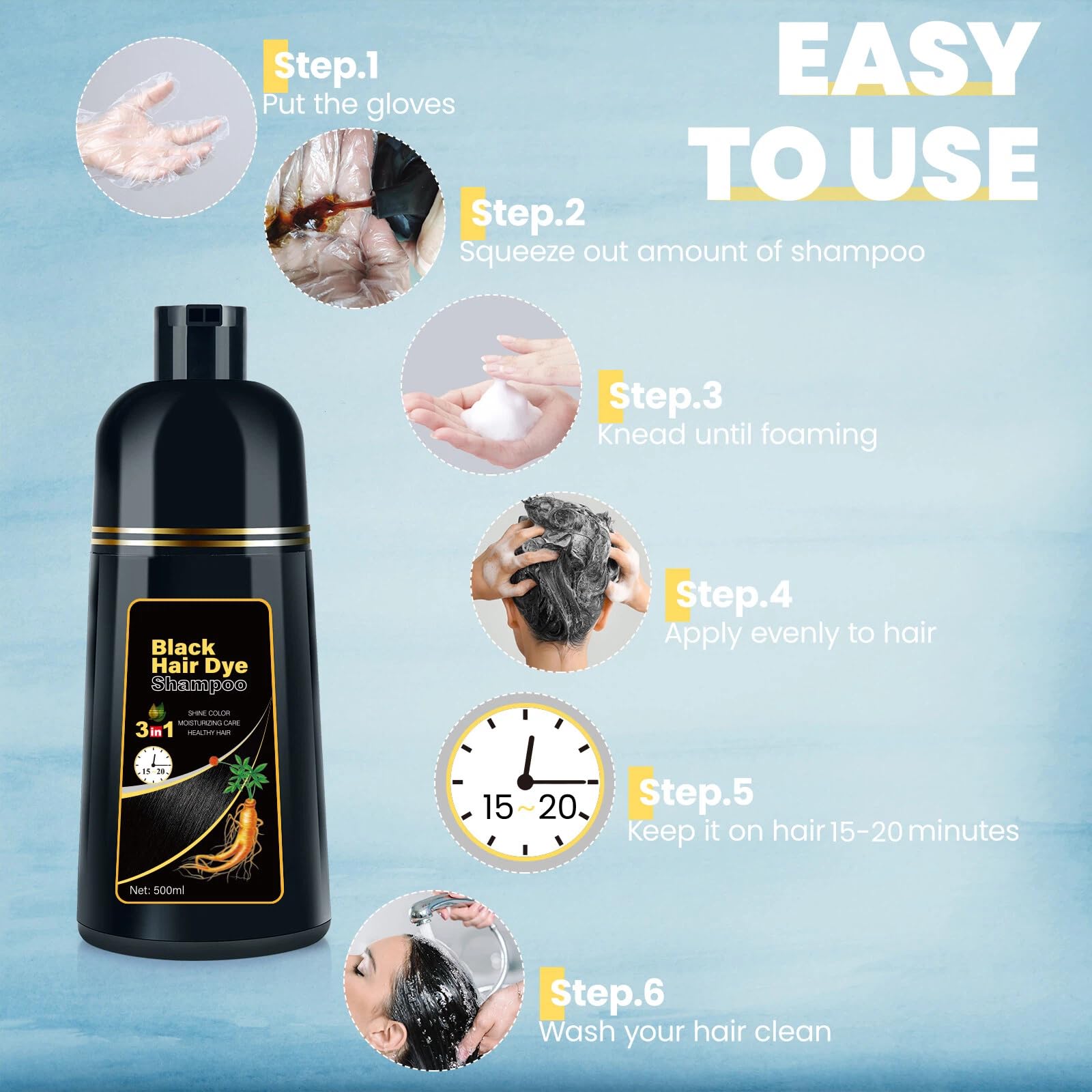 BOJICA Black Hair Dye Shampoo offers a 3-in-1 routine: color, shampoo, conditioner.