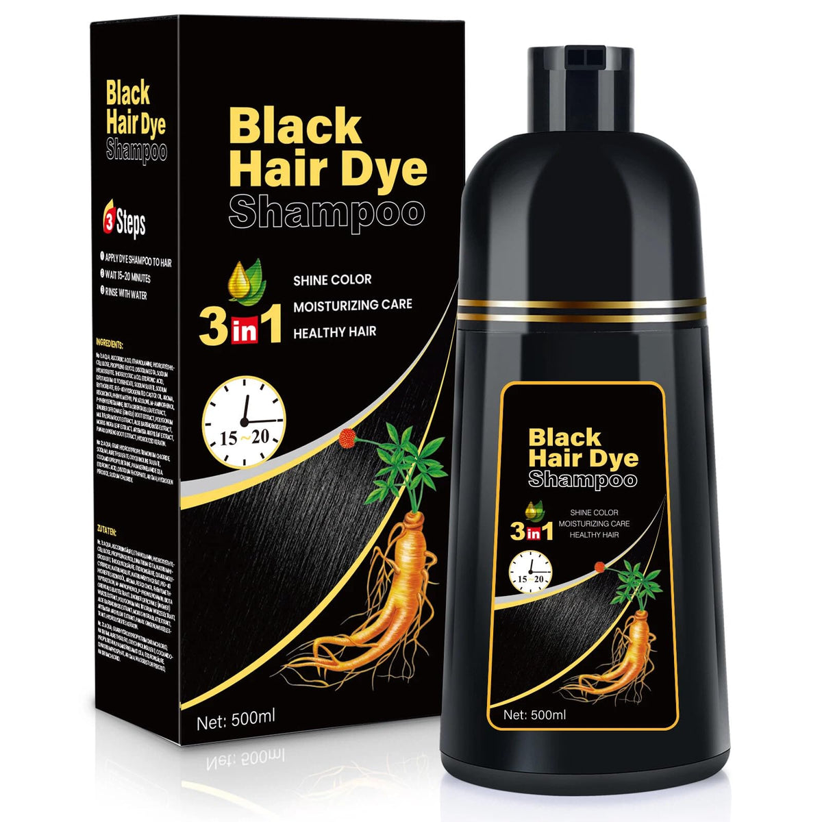 BOJICA Black Hair Dye Shampoo packaging shows a 500 ml bottle for easy at-home coloring.