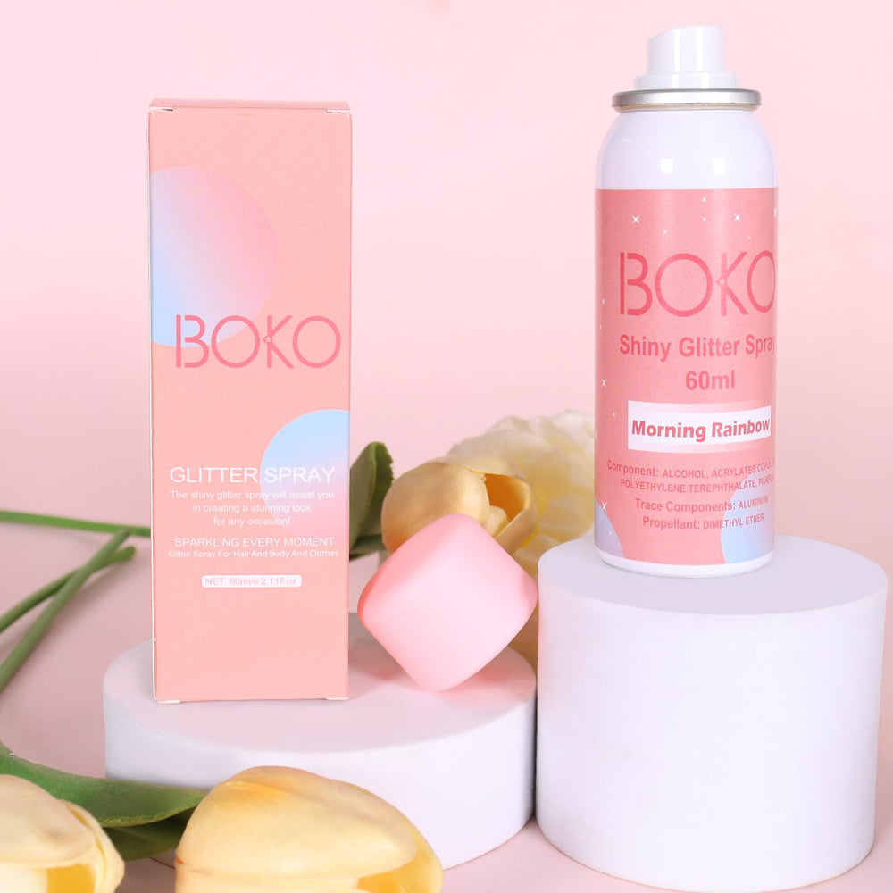 Boko Fast-Drying Glitter Spray dries quickly with lightweight shimmer.