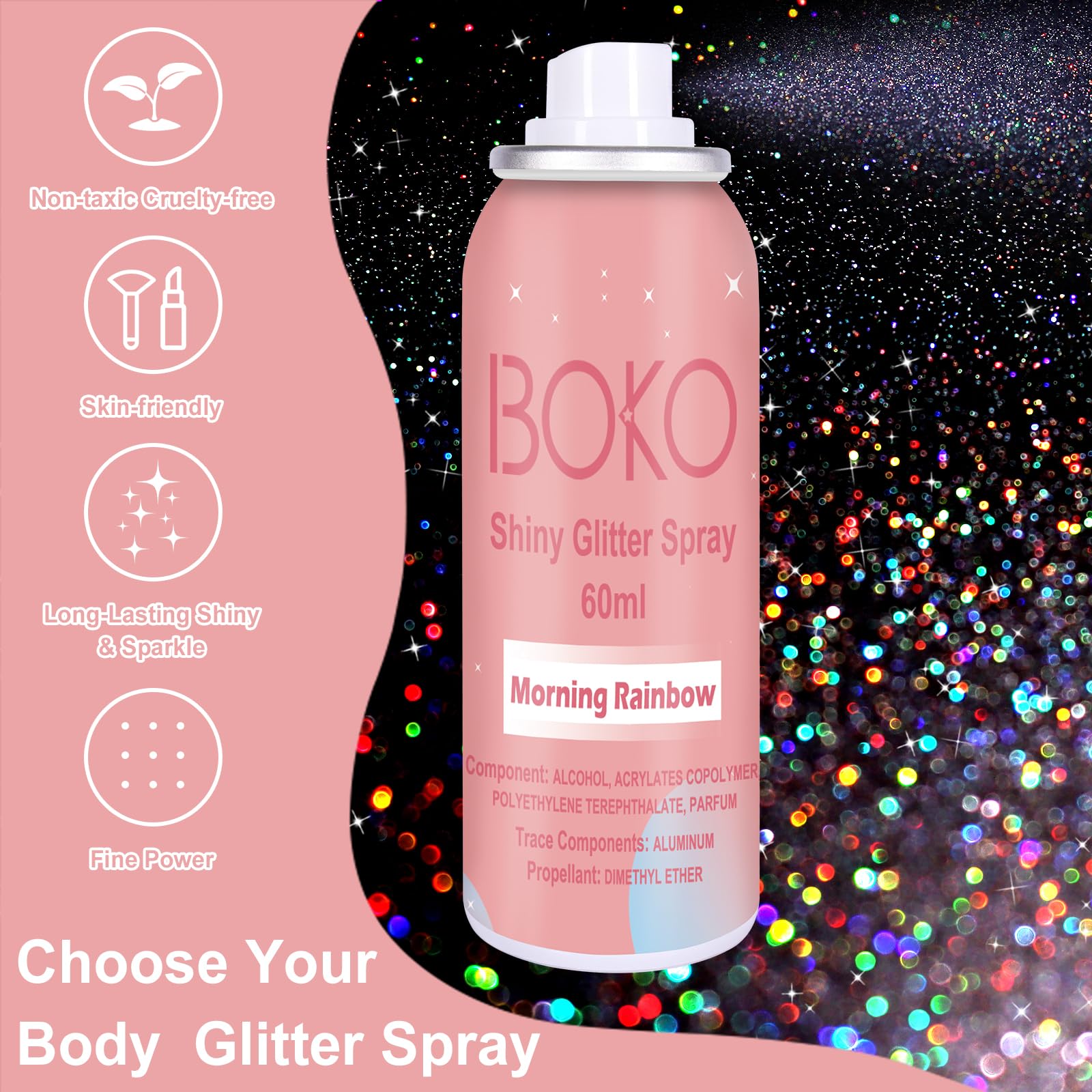 Boko Hair Glitter Spray enhances hairstyles with shimmering sparkle for events.
