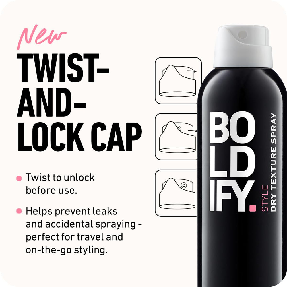 Boldify Dry Texture Spray on second-day hair reduces shine and adds texture.