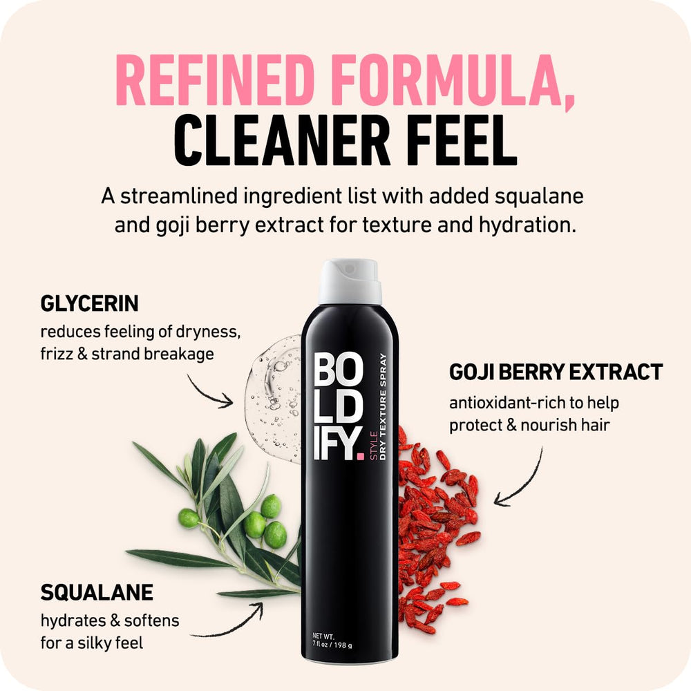 Boldify Dry Texture Spray on textured strands for a natural, undone look.