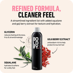 Boldify Dry Texture Spray on textured strands for a natural, undone look.