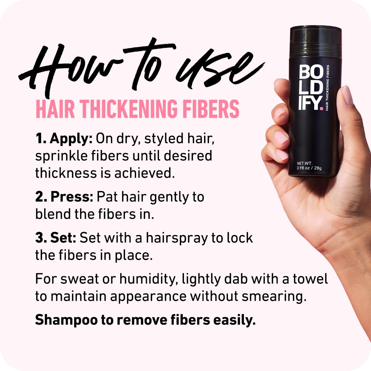Boldify Fibras para cabello: sin keratina, opción más ligera.