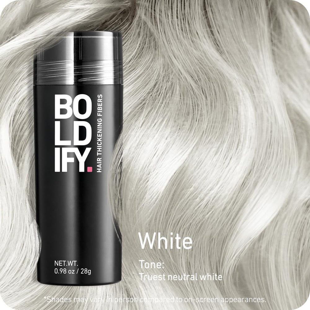Boldify Hair Fibers color match swatch shows 14 shades for roots