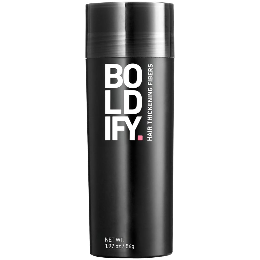 Boldify Hair Fibers jar closeup showing natural-looking blend for instant fullness.