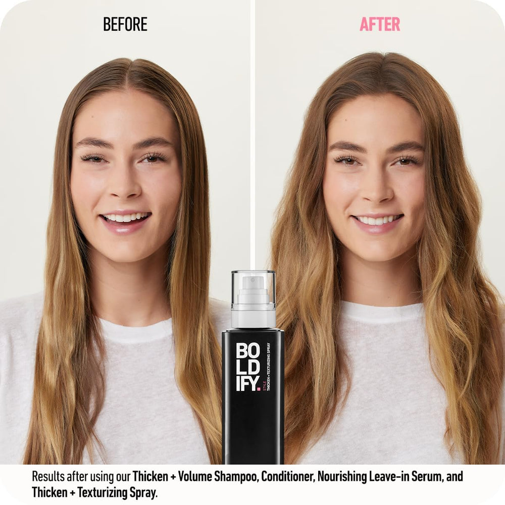 Boldify damp hair application showing quick texture spray for voluminous style.