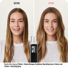 Boldify damp hair application showing quick texture spray for voluminous style.