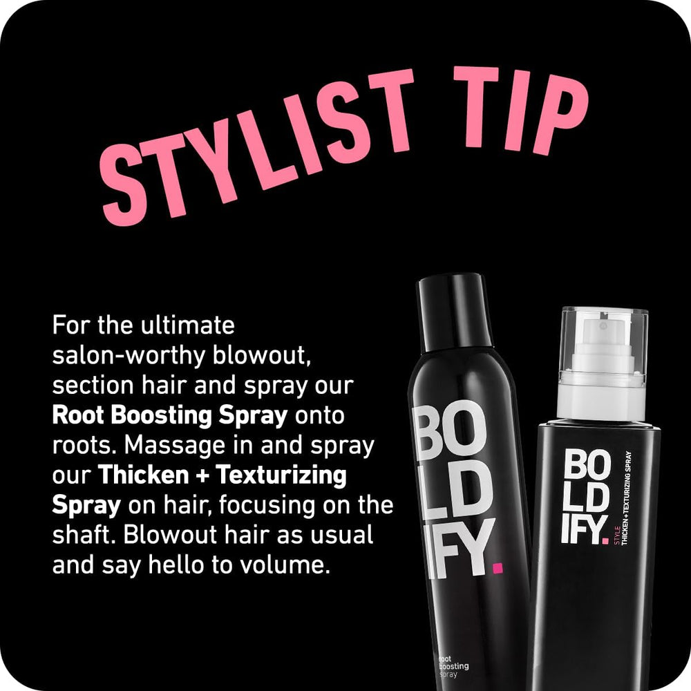 Boldify spray delivers volume and texture for salon-like results.
