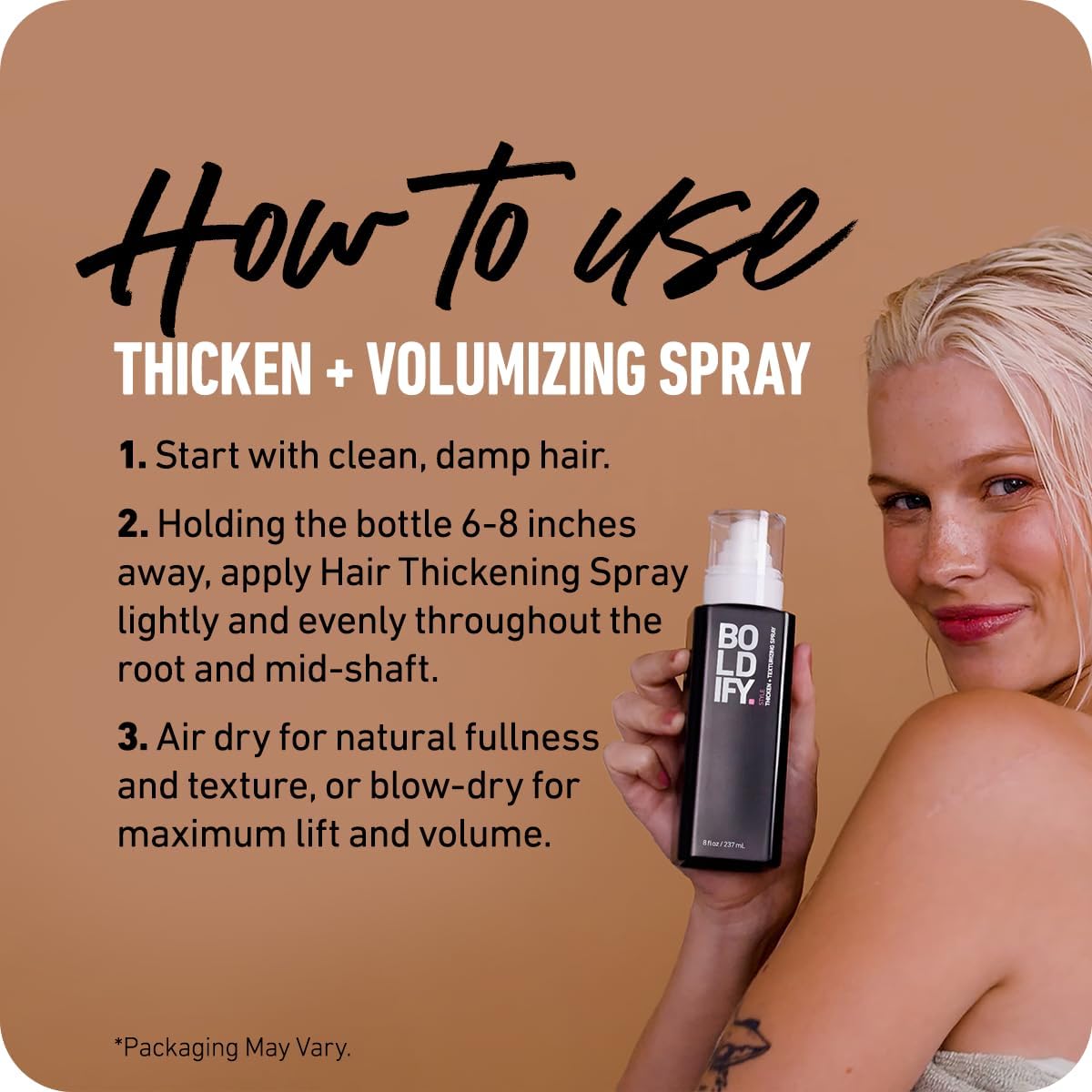 Boldify USA-made hair thickening spray with safe, paraben-free formula.