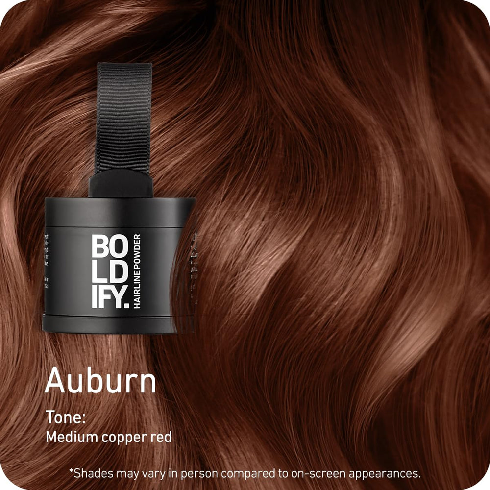 Boldify Hairline Powder Auburn being applied along the hairline for a natural blend.