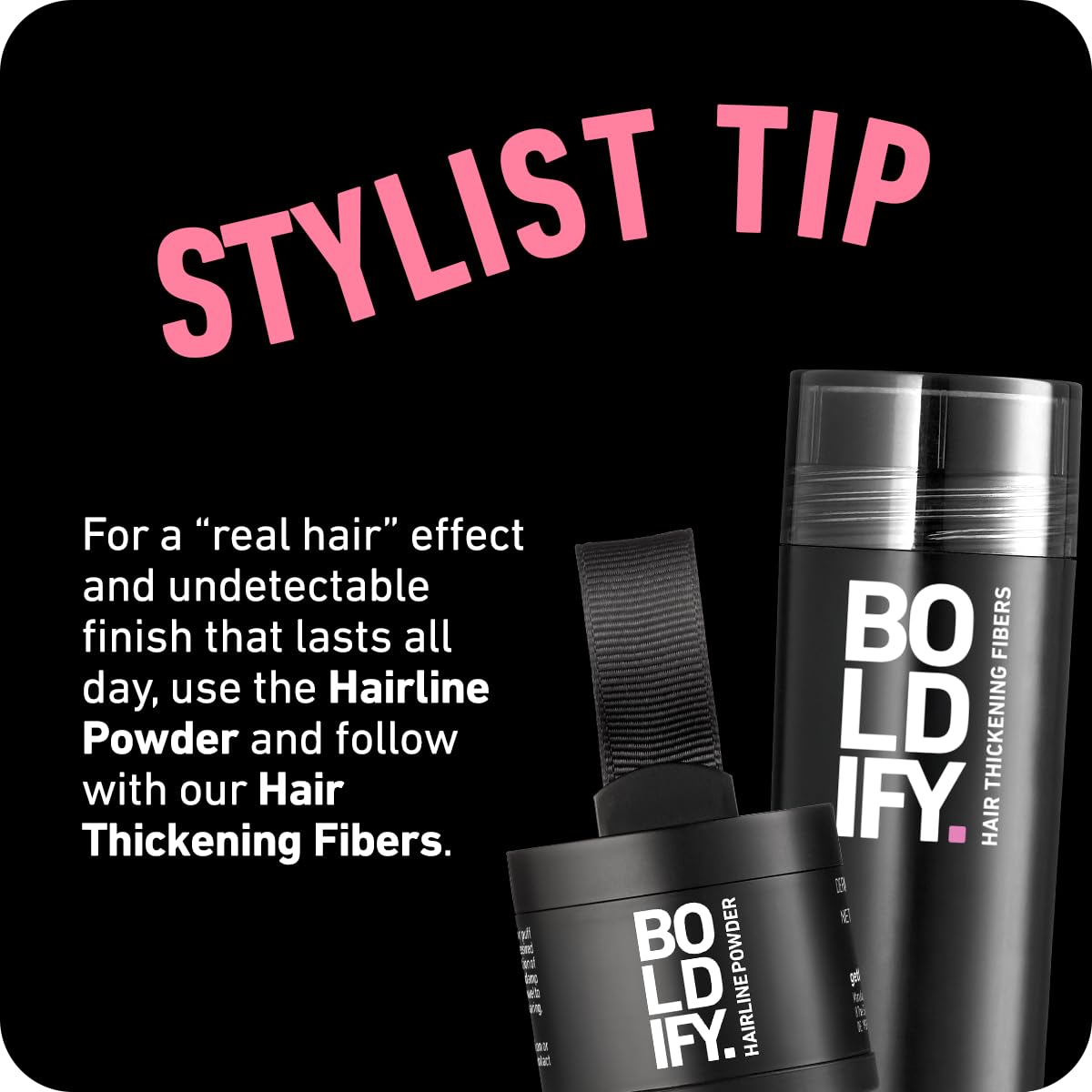 Boldify Hairline Powder applied to scalp for discreet concealment of bald spots.