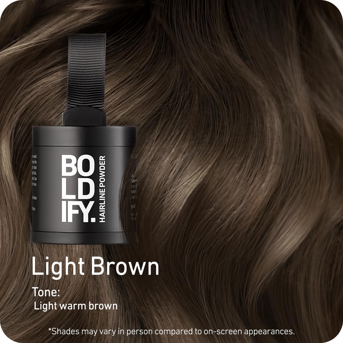 Boldify root-touch-up powder swatch shows light brown shade for accurate match.