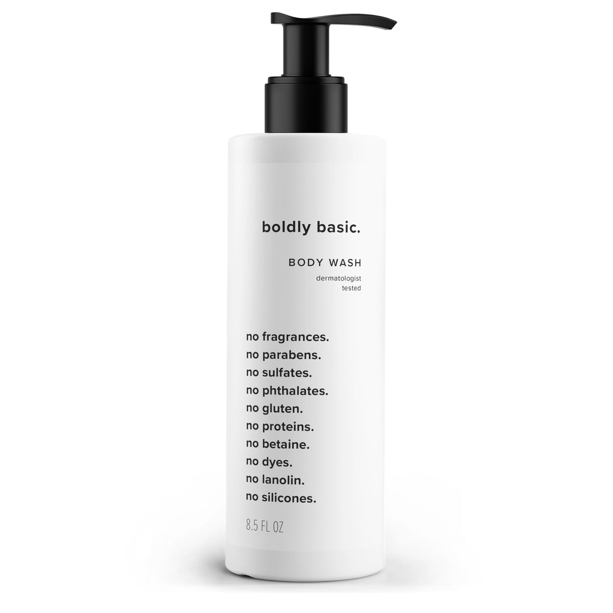 Boldly Basic gel de ducha sin fragancia, botella frontal, suave para piel sensible.