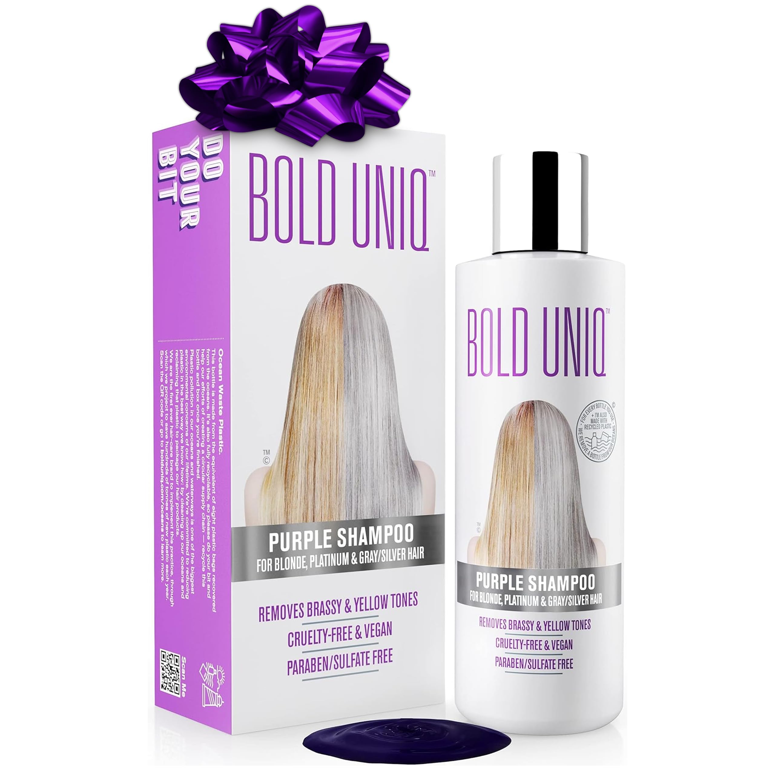 Bold Uniq Purple Shampoo bottle shows violet pigments to neutralize brassiness.
