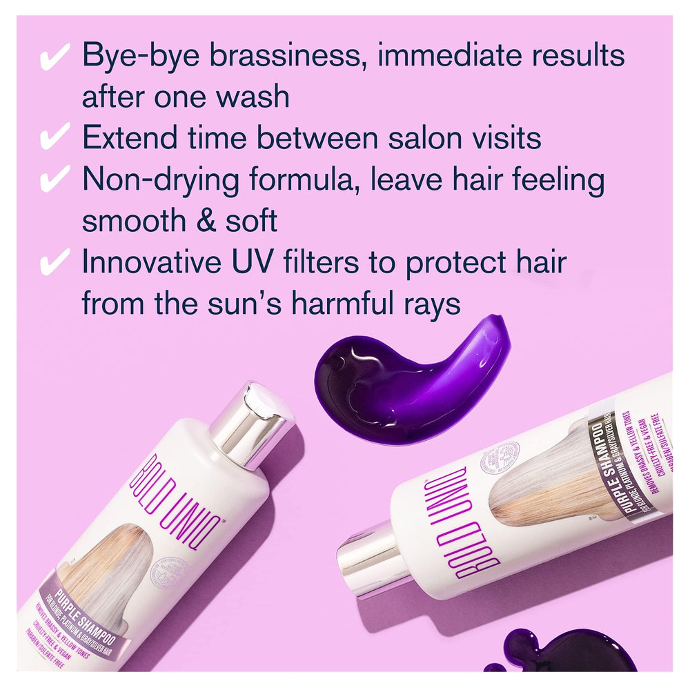 Bold Uniq Purple Shampoo close-up highlights intense violet pigments for toning.